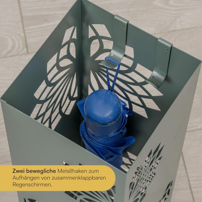 Підставка для парасольки Baroni Home з сучасним дизайном, металева з мандалою, 2 гачки та знімна ємність для збору води, 16 x 16 x 49 см, зелена