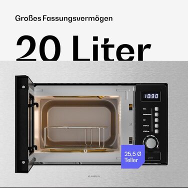 Мікрохвильова піч Klarstein Verosteel вбудована 60 см з грилем – 20L, 700W, 8 програм, сенсорне керування, нержавіюча сталь, функція розморожування, LED-підсвічування