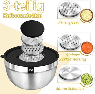 Terlulu Mixing Bowl Set of 5, Stainless Steel Bowl Salad Bowl Set with Airtight Lid, 3 Grater Attachments, 4.5L, 2.7L, 1.6L, 1.1L, 0.7L, Nesting & Dishwasher Safe