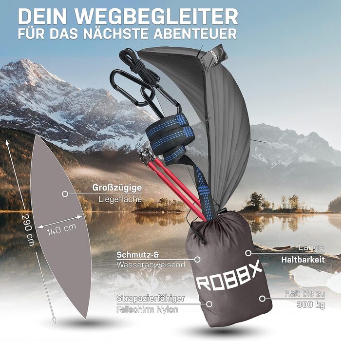 Гамак ROBBX® для 2 осіб з москітною сіткою | 300 кг | Сірий, 290x140 см | Намет-гамак для кемпінгу та відпочинку на природі