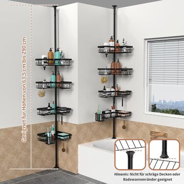 Настінна поличка для душу YIGII з телескопічною штангою, з нержавіючої сталі, чорна, 4 яруси, без свердління, з тримачем для зубних щіток, регульована 63.5–290 см