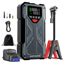 Пусковий пристрій (бустер) для авто Starthilfe 8000A з компресором 150PSI, портативний Powerbank 12V для бензинових та дизельних двигунів до 10л, LED-дисплей, сірий