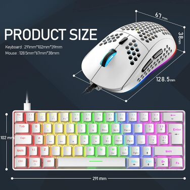 Ігрова клавіатура та миша UK-Layout з підсвічуванням RGB, 62 клавіші, механічна, 6400 DPI (чорний/червоний або білий/синій перемикач)