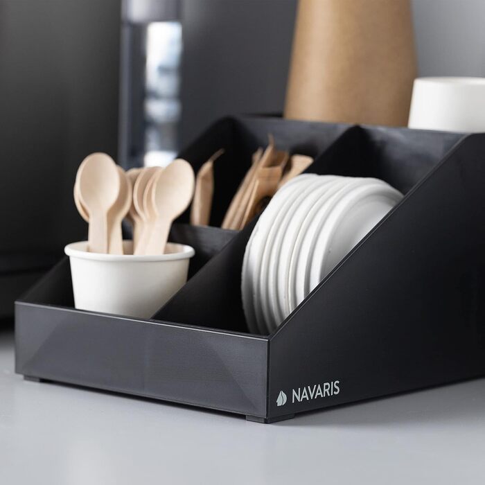 Navaris Coffee Dispenser Organizer - Accessory Storage - Coffee Bar for sugar, milk, napkins, capsules - Coffee Station with 7 Compartments (4 compartments, Black)
