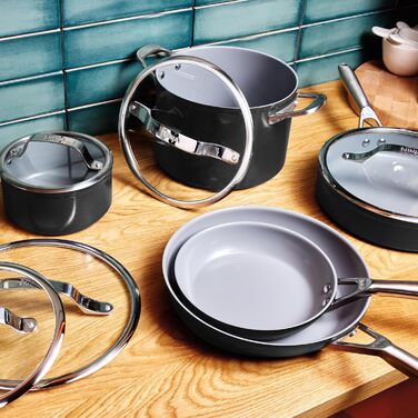 Набір посуду Ninja Extended Life з керамічним покриттям (5 предметів): сковороди 20 та 24 см + каструлі з кришкою 16, 18 та 20 см, антипригарне покриття (без PFOA, PFAs, свинцю та кадмію), безпечний для духовки до 285°C