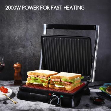 Aigostar Samson 30KLU- XXL Contact Grill, Panini Grill, Sandwich Maker, 2000 Watt, non-stick stainless steel coating, 180-degree hinge, temperature control, SINGLE PACKAGING.