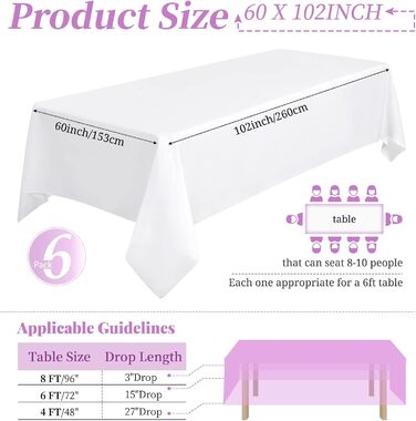6-Pack White Rectangular Polyester Tablecloth 60 x 102 Inches Polyester Fabric Tablecovers, for Indoor and Outdoor 6 Ft Rectangular Tables, Wedding, Birthday, Party, Table Decoration (152X260cm)