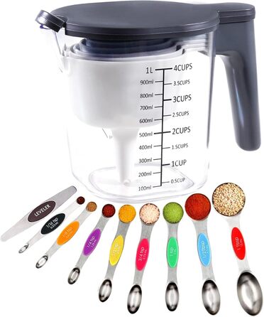 19-Piece Measuring Cup and Spoon Set, includes 10 stackable measuring cups with lids and 9 magnetic measuring spoons, BPA-free, dishwasher safe (multicolored)