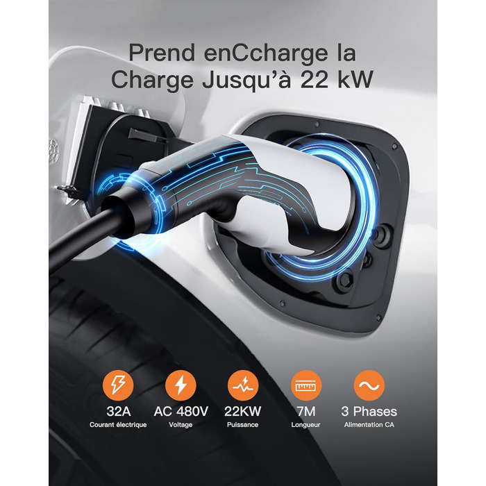 Кабель зарядки Tomons для електромобілів, 32A, 3-фазний, Тип 2, з чохлом та мікрофіброю, сумісний з Tesla Model S/3/X/Y, Volkswagen ID.3, ID.4 (22kW, 7м)