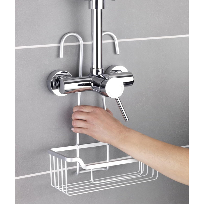 WENKO Thermostat-Dusch-Caddy Milo, Shower Caddy for Hanging on the Faucet, Shelf Made of Aluminum (Rust-Proof), 25 x 36 x 14 cm