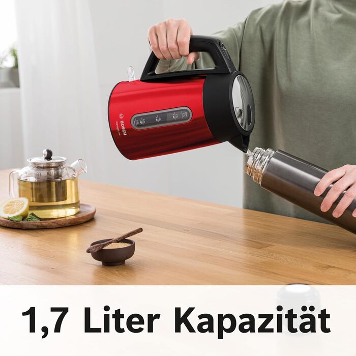 Електричний чайник Bosch DesignLine TWK4P434, 1.7 л, червоний: без розбризкування, індикатор рівня води, захист від перегріву