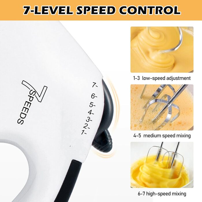 Електричний ручний міксер з нержавіючої сталі, 7 швидкостей, 2 насадки для збивання та 2 гаки для тіста - для кухні