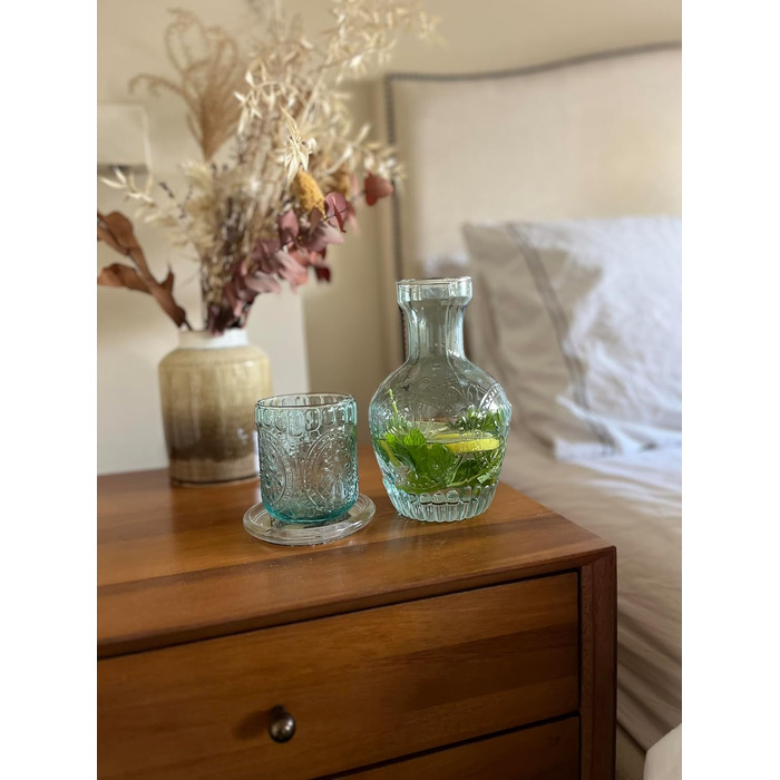 Curator Home Vintage Nightstand Water Carafe and Glass Set - 750 ml Capacity - Elegant Glass Jug for Water, Juice, or Wine - Stylish Home Decor for Kitchen or Dining Room (Light Blue)