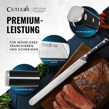 Ніж для нарізання шинки Cutluxe – 30 см, професійний ніж для м'яса та барбекю, з німецької сталі, повний хвостовик, ергономічна ручка та піхви, серія Artisan
