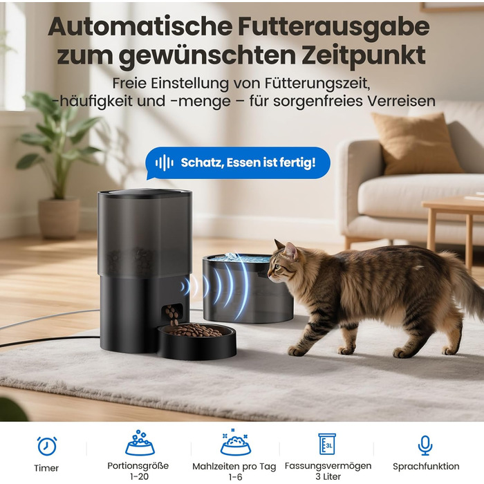 Автоматичний диспенсер для котячого корму 3L з фонтанчиком, керування через додаток, 10 прийомів на день, антизасорна конструкція, для котів та цуценят
