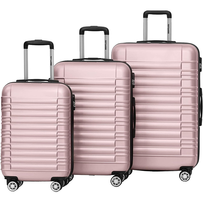 Набір валіз TRVLMORE 3 в 1: маленька, середня, велика, сірий колір, з рожевим золотом, з жорсткою оболонкою, 55x40x20 см (ручна поклажа)