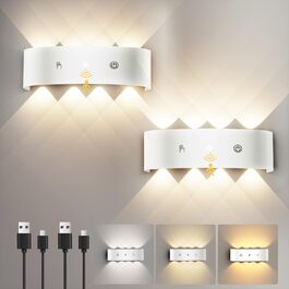 LED-стінні світильники з датчиком руху YrgePowk (2 шт.) - акумуляторні, бездротові, 6000mAh, 3 кольори, USB-зарядка, білі
