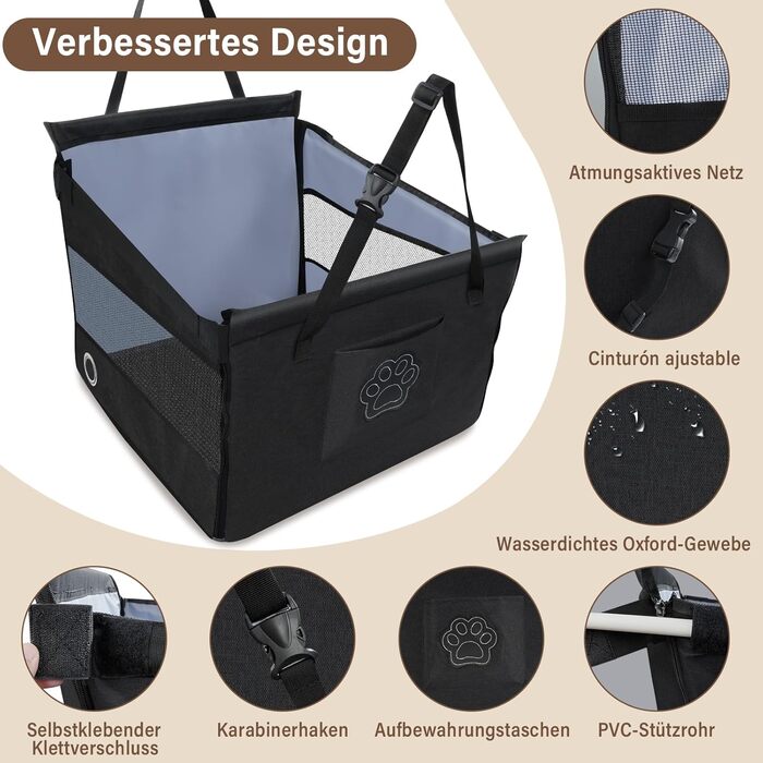 Автокрісло для собак - водовідштовхувальне автокрісло для маленьких та середніх собак з сітчастим вікном та ременем безпеки - складаний кошик для собак в авто для будь-якого розміру (Чорний)