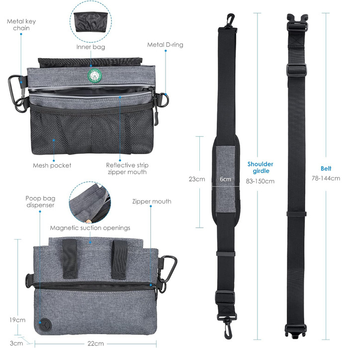 Сумка для ласощів для собак Brifit з магнітною застібкою, для тренувань, з регульованим шнурком, знімною внутрішньою кишенькою та дозатором для пакетів, 4 x 22 x 27 см