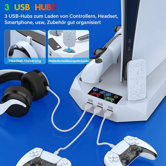 Підставка для PS5 Slim/Pro з зарядною станцією для контролера PlayStation 5 (Disc/Digital), аксесуари PS5 з RGB підсвіткою, вентилятором, тримачем для навушників, USB хабом, чорно-білий (Perlweiß Q311)