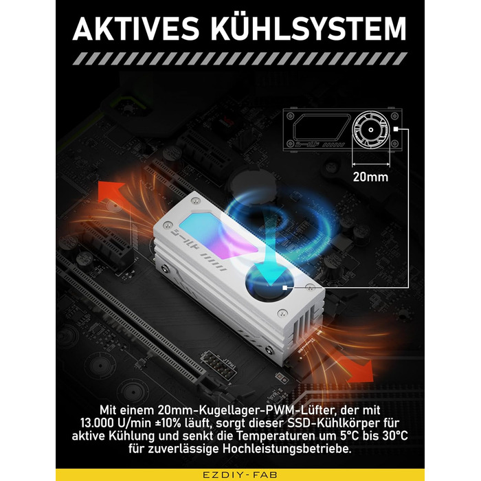 Охолоджувач SSD M.2 EZDIY-FAB Shield ARGB з 20мм вентилятором PWM, преміум-алюмінієвий дизайн, підтримка ARGB 5V 3-Pin, для M.2 2280, чорний, 1 шт.