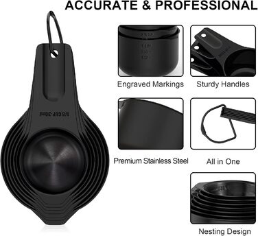Wildone Measuring Cups and Spoons Set, Stainless Steel, Nesting, Metal Measuring Cups and Spoons for Cooking and Baking, 21-Piece, Black