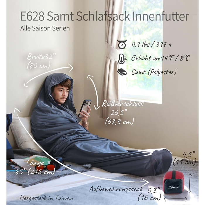 Litume Thermolite/Velour Sleeping Bag Liner 12°C/ 8°C, All-Season Anti-Static Mummy Sleeping Bag Liner Backpack Camping Lightweight Sleeping Bag with Drawstring Hood Hut Sleeping Bag Hiking