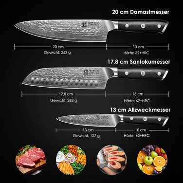 KEEMAKE Кухонний ніж кухарський 20см з дамаської сталі 67 шарів з ручкою G10, ідеальний подарунок на День батька (набір ножів Damast 3 шт)