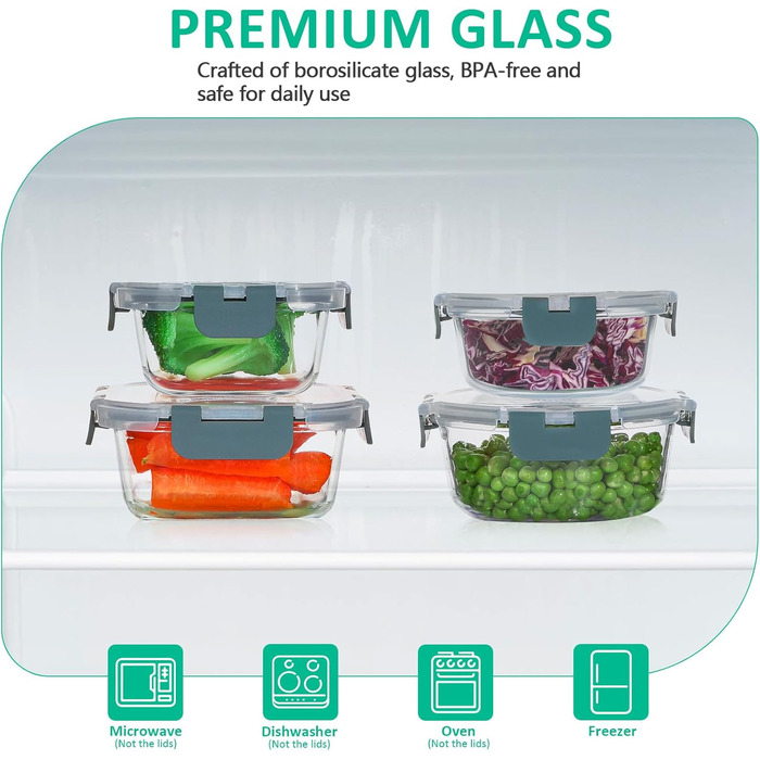 Набір скляних контейнерів Komuee 24 шт. для зберігання продуктів, сірий. BPA-free, для мікрохвильової печі та посудомийної машини