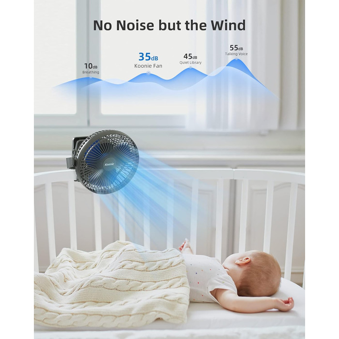 Вентилятор Koonie 10000 mAh з кліпсою, 20 см, портативний USB, акумуляторний, 4 швидкості, 360° оберт, тихий, для дому, офісу, дитячої коляски, кемпінгу, гроу-тента (блакитний)