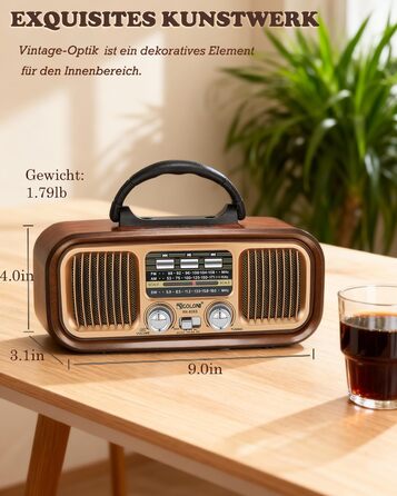 Ретро Радіо Klein з Bluetooth, AM/FM/SW радіо, портативне, з сонячною панеллю, USB/TF картка, 1200mAh, подвійний динамік