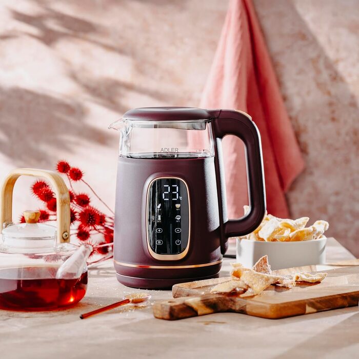 Електричний чайник Adler з регулюванням температури 2200W – 1,7L з LED-дисплеєм та сенсорною панеллю, 5 програм, функція підтримки тепла, фільтр, Бургунді, Золотий