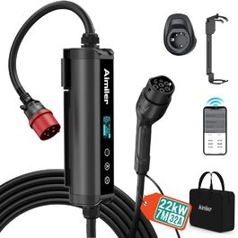 Wallbox 11 кВт з додатком, 400V (8-16A) трифазний, мобільна зарядка 7M, кабель CEE Typ 2, IP66, OLED, для електромобілів Model Y/3, ID.3/4/5, MG4, Zoe та інших PHEV/EV, 22 кВт, 32A, CE&TÜV