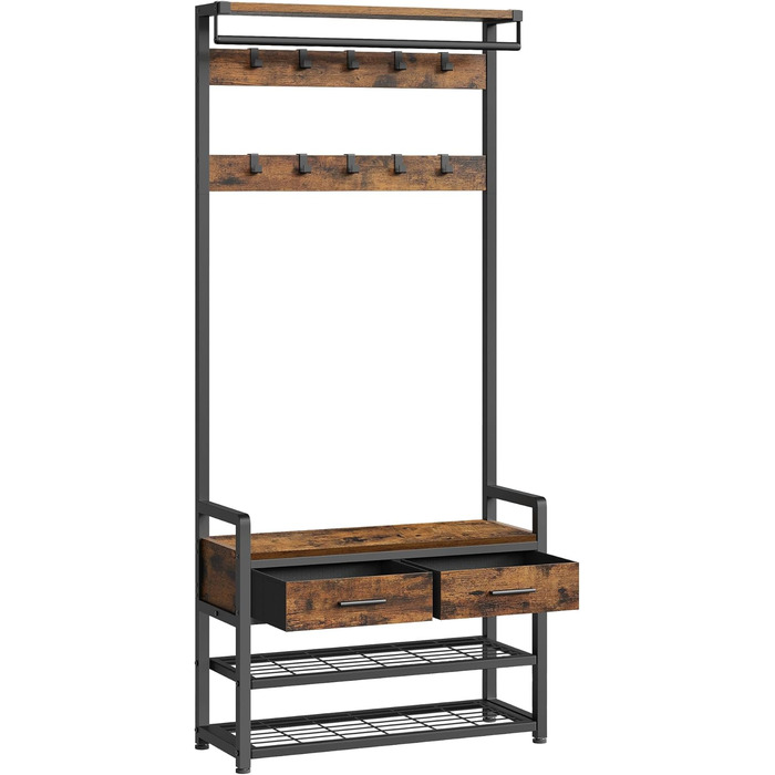 VASAGLE Coat Rack with Shoe Bench, Coat Rack, Shoe Storage, 2 Fabric Drawers, 10 Hooks, 6 Side Hooks, 30 x 80.4 x 181.6 cm, Vintage Brown-Ink Black HSR429B01