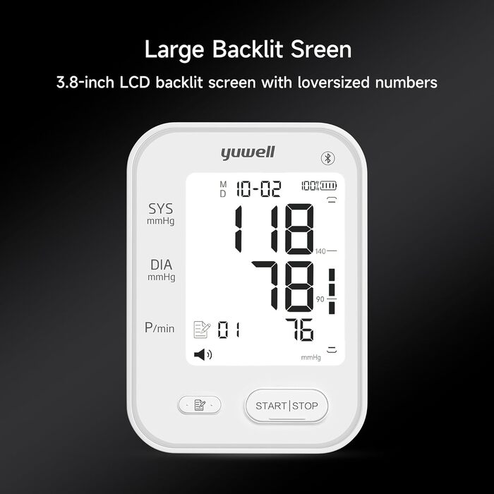 Тонометр Yuwell Intelligentes Oberarm з Bluetooth | Манжета 22-45 см, голосове повідомлення, підсвічування дисплея, акумулятор, додаток для iOS & Android (YE650AR)