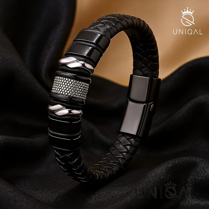 Чоловічий шкіряний браслет UNIQAL 'Premium Style' Mamba Black 23 см з нержавіючої сталі + Подарункова коробка