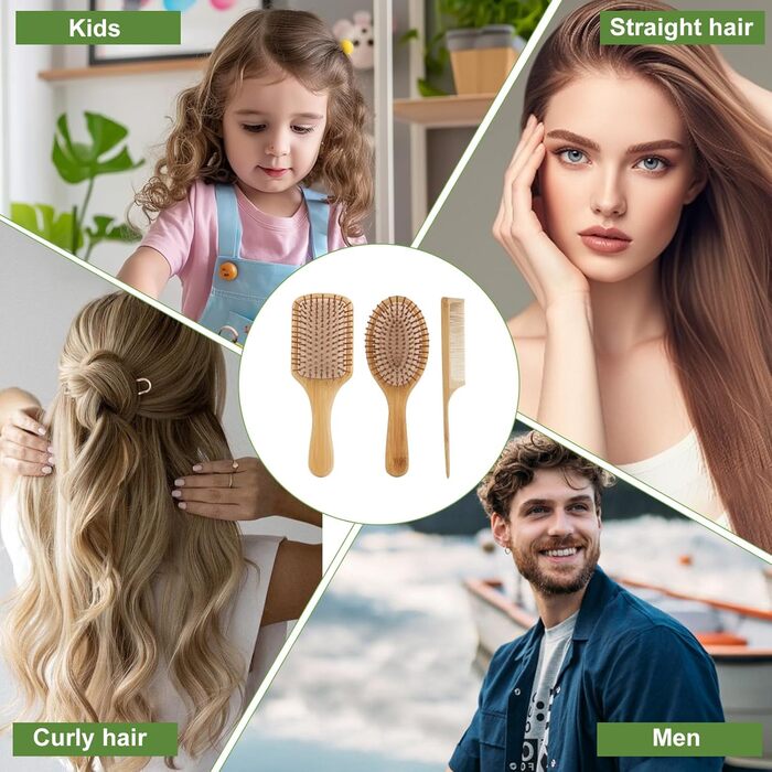 Набір гребінців з бамбука (3 шт.) - для чоловіків, жінок та дітей, для густого та ламкого волосся