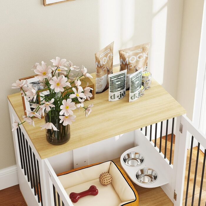 Клітка для собак Pawhut з приставним столиком, біла, для середніх собак, з поворотними годівницями