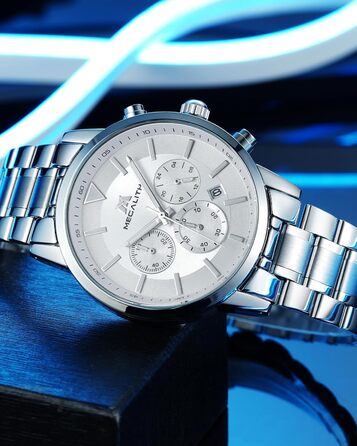 Чоловічий годинник MEGALITH з нержавіючої сталі, хронограф, водонепроникний: велике циферблат, дата, стильний подарунок для чоловіків (8345 Silver)