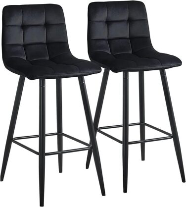 Velvet Bar Stools Set of 2 - Black Bar Chairs with Backrest, 66cm Seat Height, 50x45x94cm - Modern Counter Stools for Kitchen Island