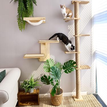 Kratzbaum, 5-story cat tree reaching the ceiling (206 cm), wall-mounted cat tree, made of natural rubber wood, for cats to climb, scratch, look out, and play.