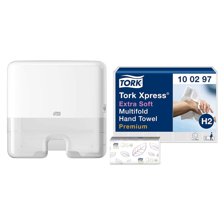 Tork Xpress Dispenser for Multifold Towels White H2, Single Towel Dispensing, Elevation Design, 552100 (White, Mini, Bundle with Paper Towels)