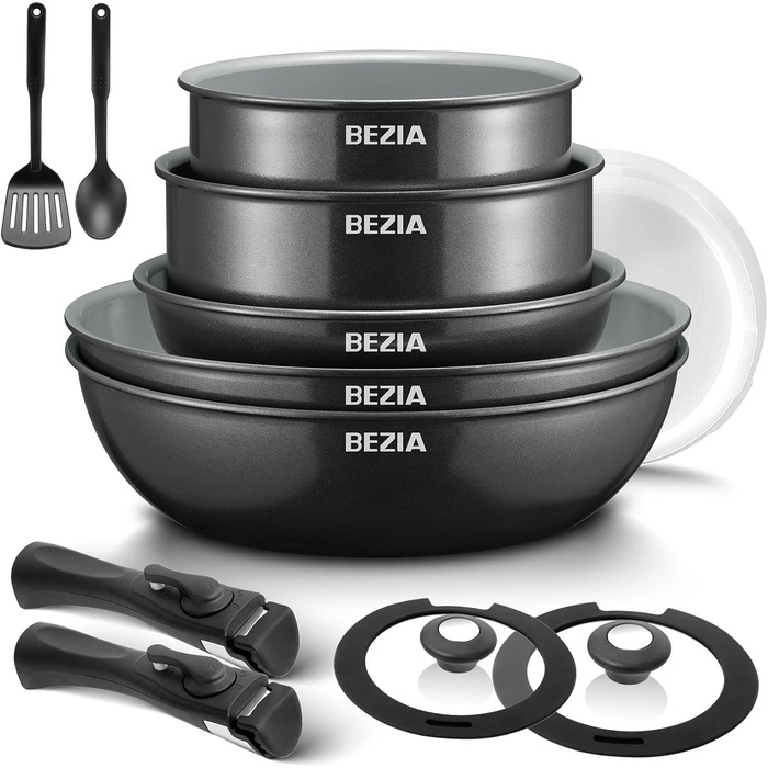 BEZIA 13-Piece Ceramic Nonstick Cookware Set - Induction Compatible Pots and Pans for All Cooktops, Stackable, Dishwasher & Oven Safe