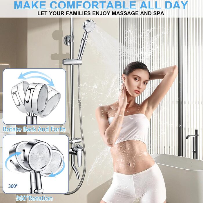 Насадка для душу зі шлангом 2м, фільтрована ручна лійка з високим тиском, економія води з мінеральними кульками, 5 режимів, стоп-функція для жорсткої води, видалення залишків хлору, бактерій та важких металів (срібляста з шлангом)