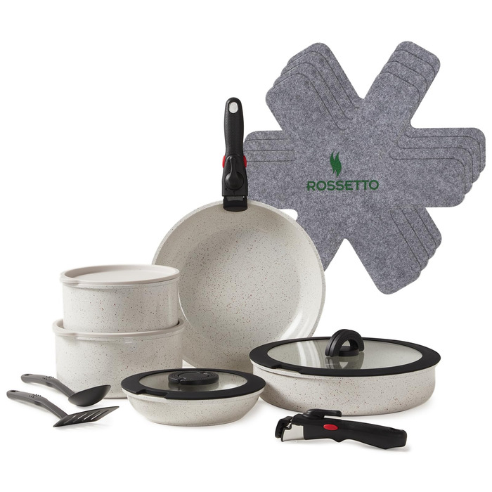 Набір посуду ROSSETTO 17 предметів: каструлі, сковороди з антипригарним покриттям, знімні ручки, PFOA & PFOS-free