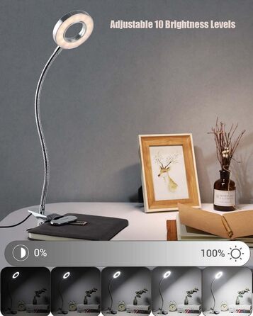 LED лампа для читання з кліпсою, диммер, 3 режими, 10 рівнів яскравості, срібляста, 8W