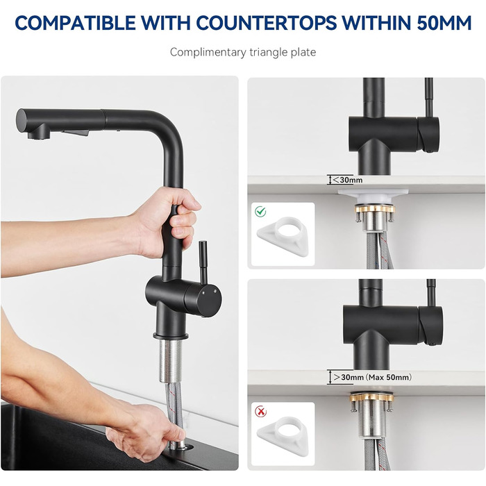 Кран кухонний CECIPA Hochdruck, висувна насадка, двосторонній струмінь, поворотний 360°, з нержавіючої сталі, чорний матовий, ×207B L-подібний, ×2