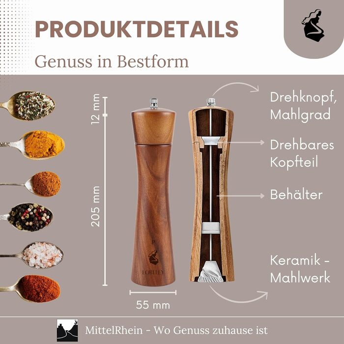Дерев'яна мельниця для солі та перцю LORELEY® Mittelrhein Germany з керамічним жорном – з підставкою та пензлем – подарункова упаковка. Ідеальний подарунок на весілля або новосілля (Luxury Holz)