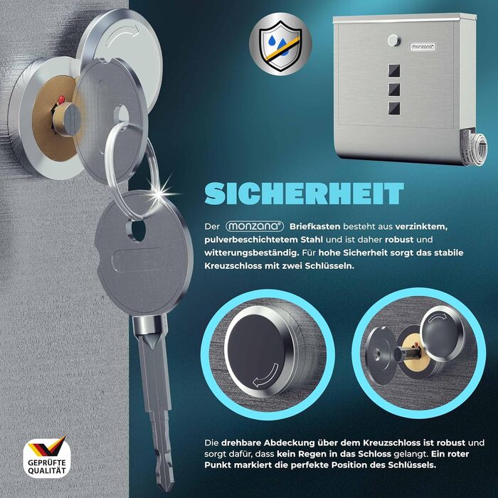 Поштовий ящик Monzana Kreuzschloss з мідним циліндром, поворотна кришка, 31x10x34 см, вікно, табличка для імені, відділ для газет, сталь, 2 ключі, чорно-срібний
