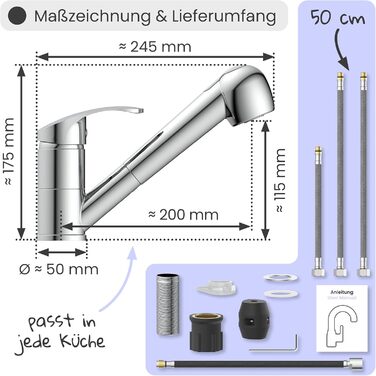 Кухонний змішувач Instmaier з висувною лійкою та душовою насадкою | Хром | Змішувач для кухні з 2 режимами струменя | Однорідний змішувач | Кухонний кран з поворотним виливом | Високий тиск
